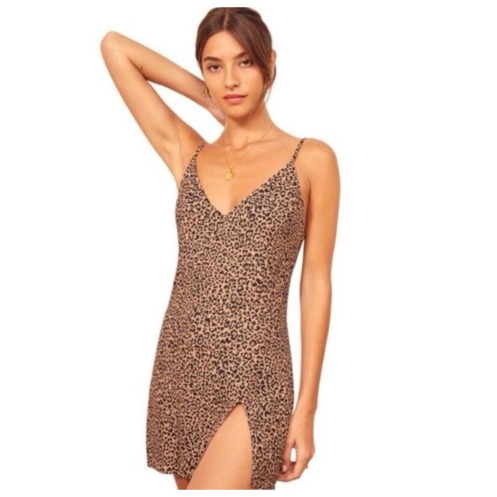 Reformation Mini Dress Sz Small Animal Print Mini V-Neck Viscose Slit